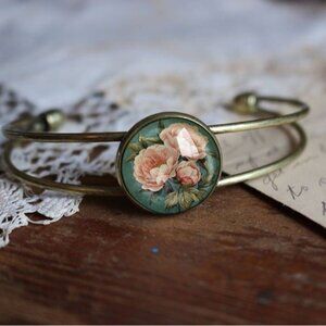 Pink Peony Cuff Bracelet - Spring Glass‎ Cabochon Jewelry - Indiana State Flower